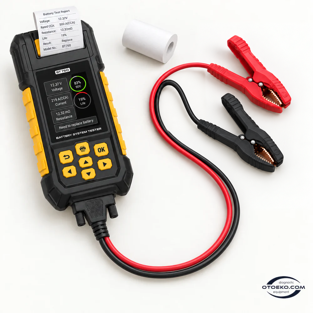 AUTOOL BT760 built-in thermal printer, sample test report and paper roll.